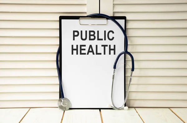 PUBLIC HEALTH CONCEPT Text, On Background of Medicaments Composition, Stethoscope, mix therapy drugs doctor flu antibiotic pharmacy medicine medical