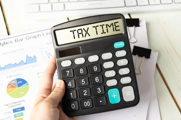 Belastingtijd Woord Rekenmachine Bedrijfs Belastingconcept Tijd Belasting Betalen Het Jaar — Stockfoto
