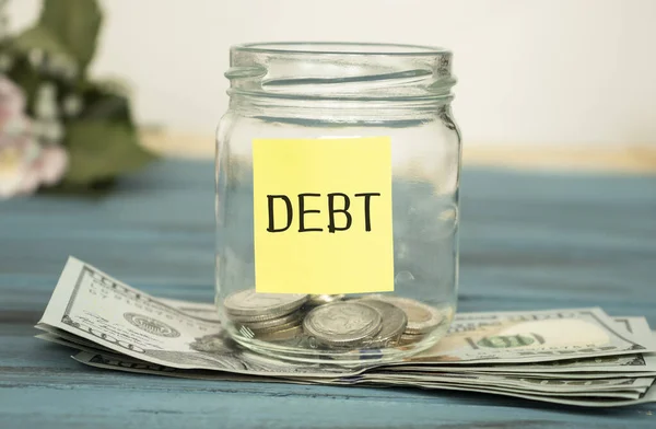 Glass Jar Coins Savings Inscription Note Paper Debts Financial Concept — Stock Photo, Image