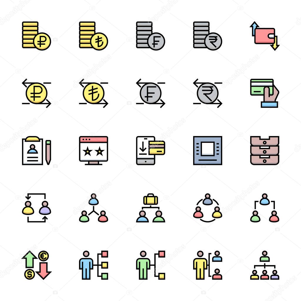 Filled color outline icons for business & financial.
