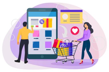 Men and woman adding discounted products in cart illustration.