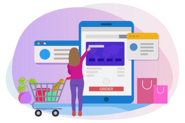 Woman making online shopping payment illustration.