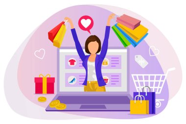 Woman with shopping bags in her hand doing online shopping illustration.