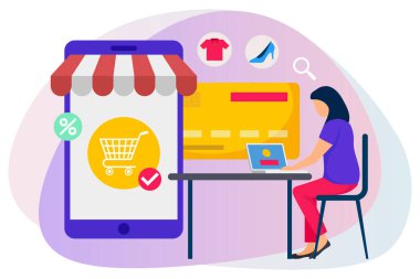 Woman sitting on chair adding items in cart and doing payment for online shopping illustration.