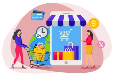 Online shopping with customer support illustration.