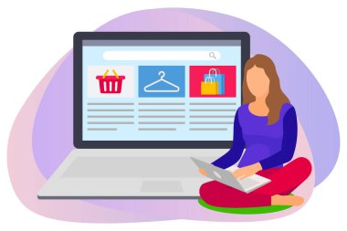 Woman searching products in online shopping website illustration.