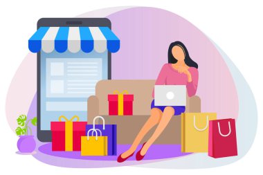 Woman sitting on couch doing online shopping illustration.