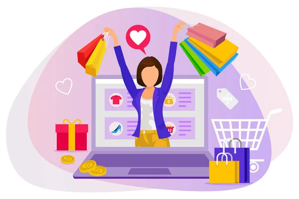 Woman Shopping Bags Her Hand Doing Online Shopping Illustration — Vetor de Stock