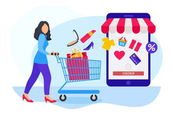 Woman Ordering Items Cart Online Shopping Website Illustration — Archivo Imágenes Vectoriales