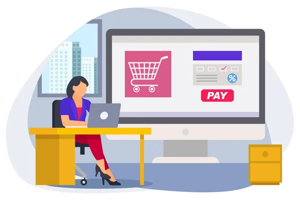 Woman Doing Payment Online Shopping Office Working Time Illustration — Stok Vektör