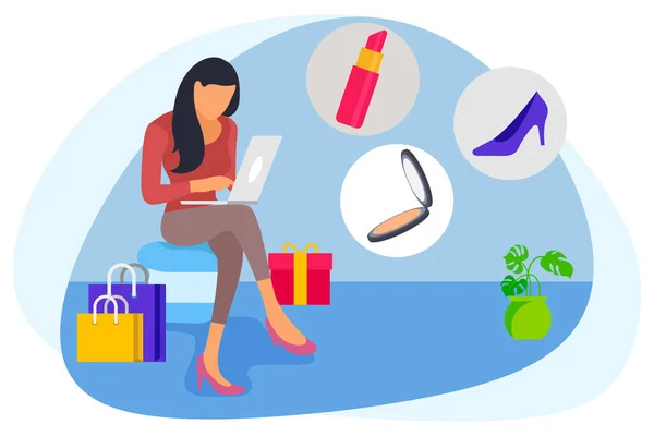 Woman Sitting Table Doing Online Shopping Illustration — 스톡 벡터