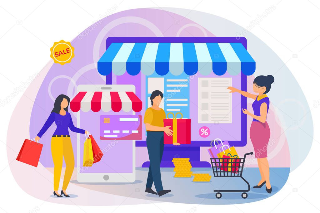 Peoples selecting items and making payment on online shopping website illustration.