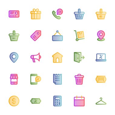 E- ticaret için doldurulmuş taslak, pürüzsüz simgeler.