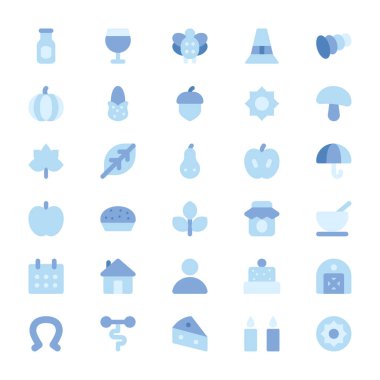 Şükran Günü için mavi düz renk simgeleri.