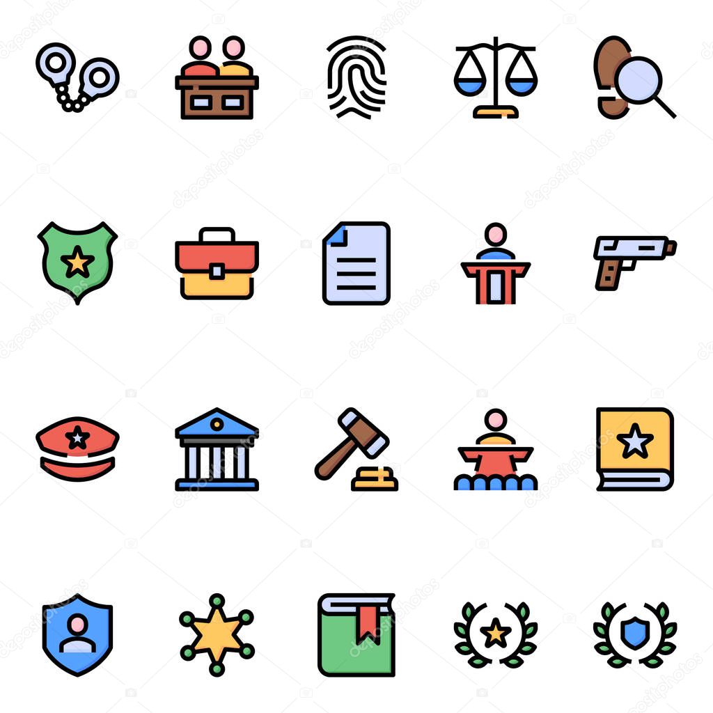 Filled color outline icons for law & justice.