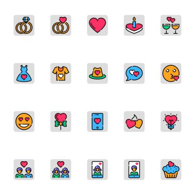 Sevgililer Günü için doldurulmuş renk özeti simgeleri.