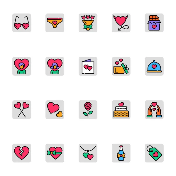 Iconos Contorno Color Rellenos Para Día San Valentín — Vector de stock
