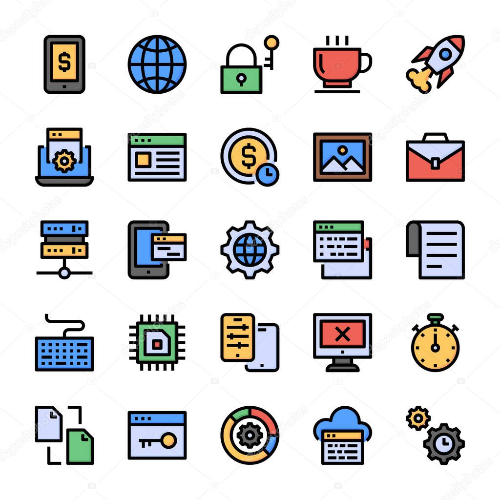 Filled color outline icons for seo & development.