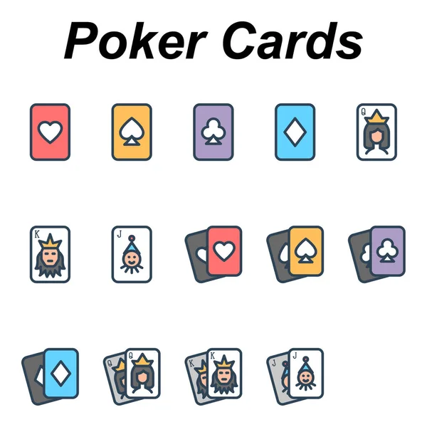 Wypełnione Ikony Konturu Kolorów Kart Pokerowych — Wektor stockowy