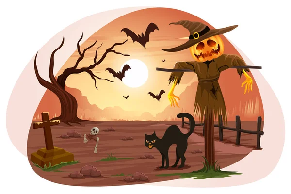 Halloween scary pumpkin face man in graveyard vector illustration.