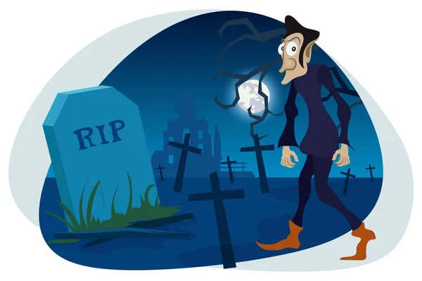 Halloween Scary Man Walking Graveyard Vector Illustration — Stockvector