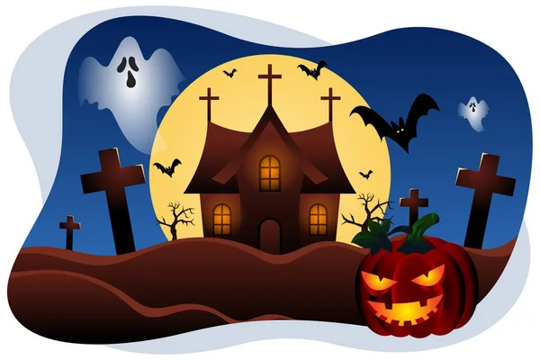 Halloween Graveyard Haunted House Vector Illustration — Vector de stock