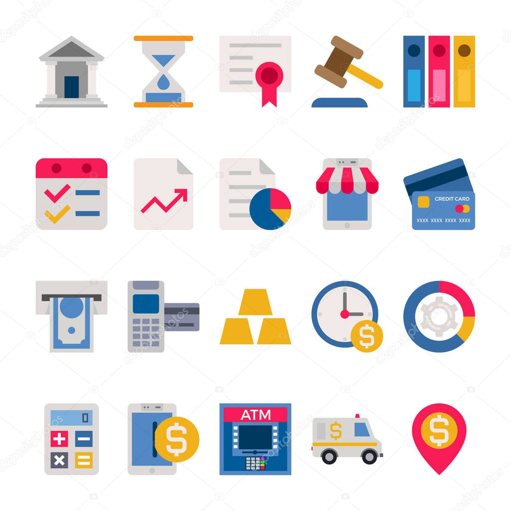 Flat color icons for banking & finance.