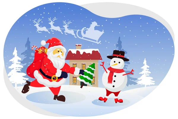 Santa Giving Gift Snowman Illustration — Vettoriale Stock