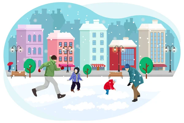 Люди Играют Снегопады Иллюстрации — стоковый вектор