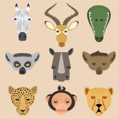 Bir grup Afrika hayvanı. Zebra, antilop, timsah, sırtlan, gergedan, çita, maymun