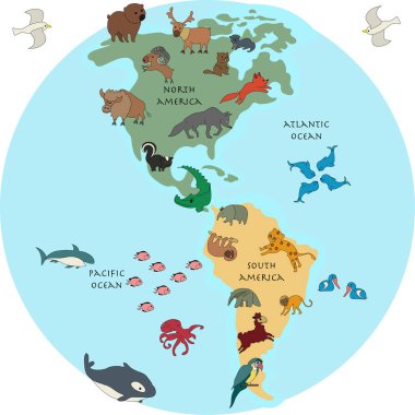 Çocuklar için çizgi film hayvanları olan dünya haritası