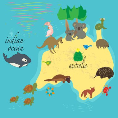 Avustralya haritası ve seyahat simgeleri. Hint Okyanusu. Avustralya-kanguru, papağan, sinekkuşu, koalas, yılan, wombats, kirpi, platipus, yengeç, denizyıldızı, balina