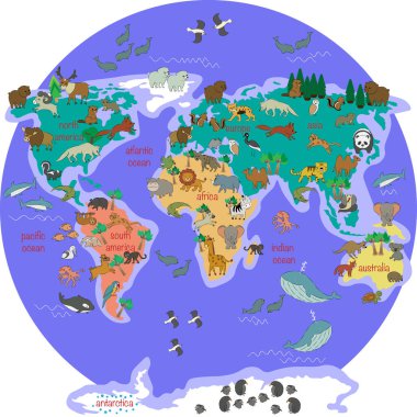 Çocuklar için çizgi film hayvanlarıyla dolu bir dünya haritası. Avrupa, Asya, Güney Amerika, Kuzey Amerika, Avustralya, Afrika. Aslan, timsah, kanguru. Koala, balina, ayı, fil, köpekbalığı, yılan, tukan.