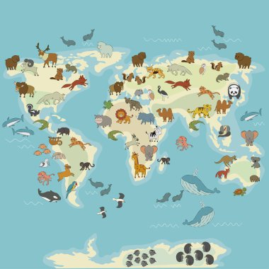 Hayvan Dünyası Haritası çizgi filmindeki sevimli el çizimi İskandinav tarzında çocuk odası baskısı. resimleme