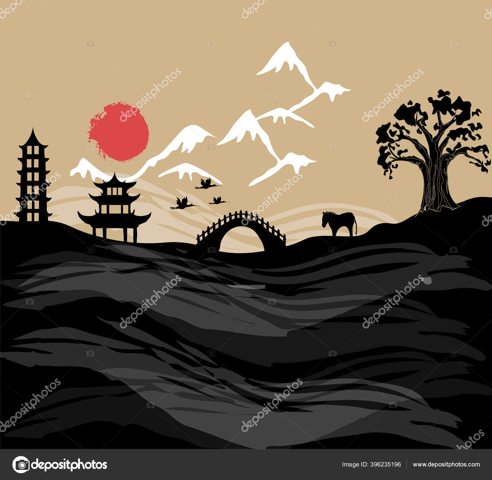 China Ein Landschaftsgemälde Von Kiefern Fernen Bergen Wolken Und  Sonnenaufgang Stockillustration von ©leyn.maria.yandex.ru #396235196, image size:1600x1562