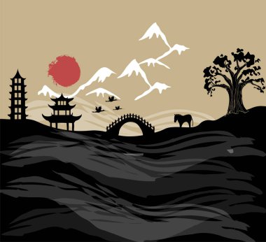 China. A landscape painting of pine trees, distant mountains, clouds and sunrise. Tthe Chinese painting style of ink and landscape clipart