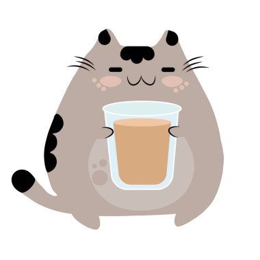 Beyaz arka planda çikolatalı süt içen gri kedi yavrusu.