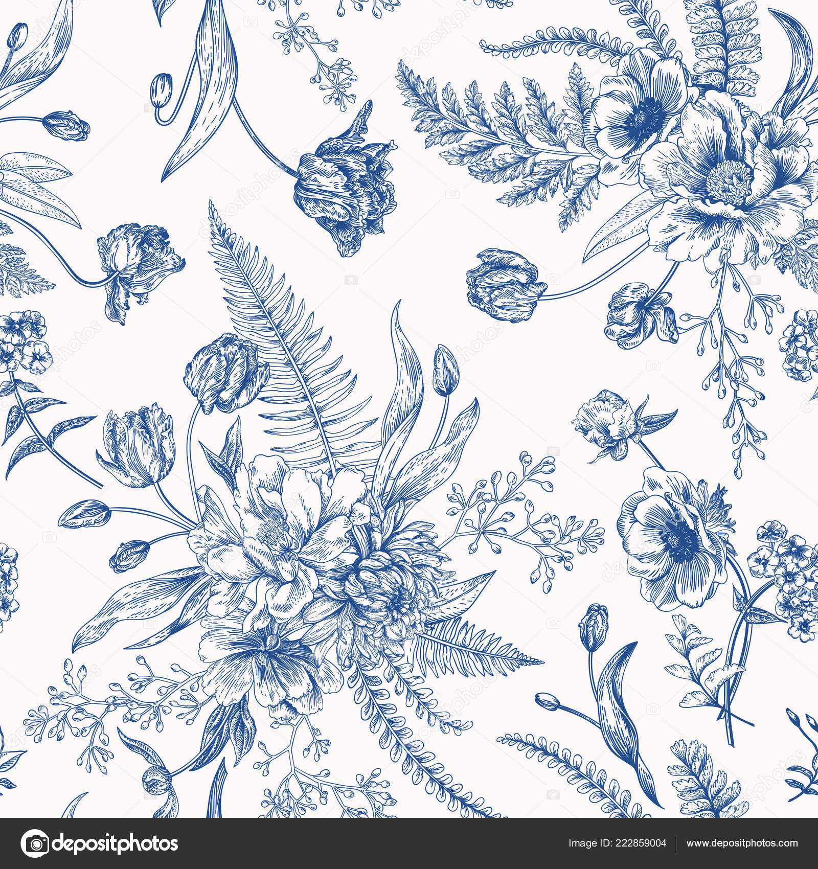Seamless Vector Vintage Pattern Bouquet Blue Flowers White Background