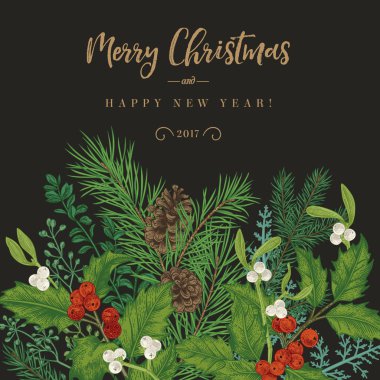 Kış arka plan. Çam dalları, çilek, holly, ökse otu ile vektör davet. Vintage tarzı tebrik Noel kartı.