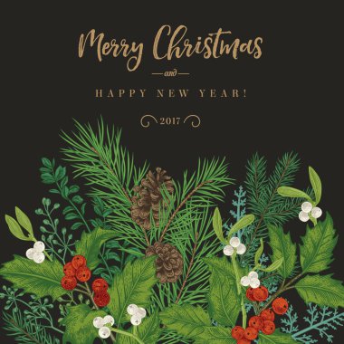 Winter background. Vector invitation with spruce branches, berries, holly, mistletoe. Greeting Christmas card in vintage style. clipart