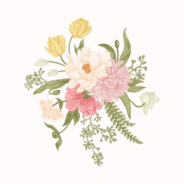 Bahar çiçekleri ile kompozisyon. Buket vintage tarzı. Botanik illüstrasyon. Lale, şakayık, kasımpatı, eğrelti otları, okaliptüs tohumu. Beyaz arka plan üzerinde izole tasarım öğeleri. Pastel renkler.