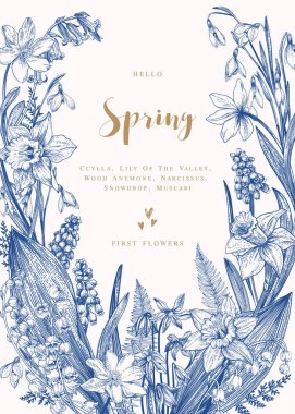 Çiçek çelenk bahar çiçekleri ile. Vektör vintage botanik çizim. Narcissus, lily vadi, anemon çiçeği, scylla, kardelen. Mavi.