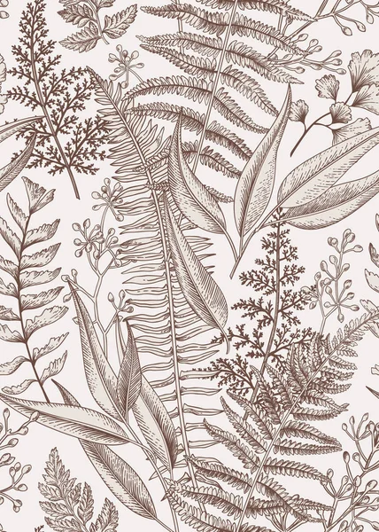 Nahtloses Blumenmuster Vintage Stil Blätter Und Pflanzen Botanische Illustration Vektor — Stockvektor