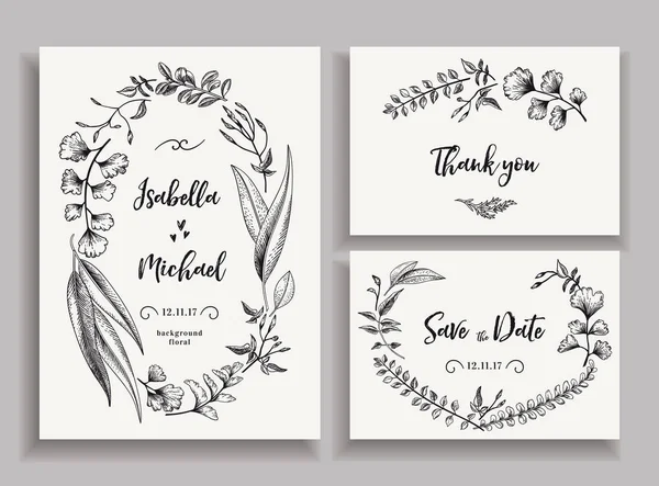 Ensemble Cartes Mariage Avec Feuilles Herbes Fleurs Invitation Mariage Enregistrer — Image vectorielle