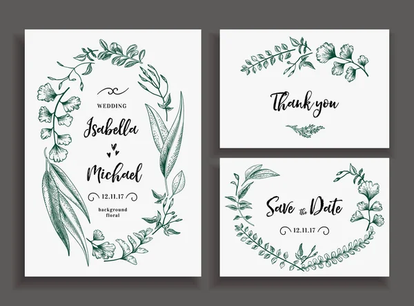 Hochzeitskarten Mit Blättern Kräutern Und Blumen Hochzeitseinladung Speichern Sie Das — Stockvektor