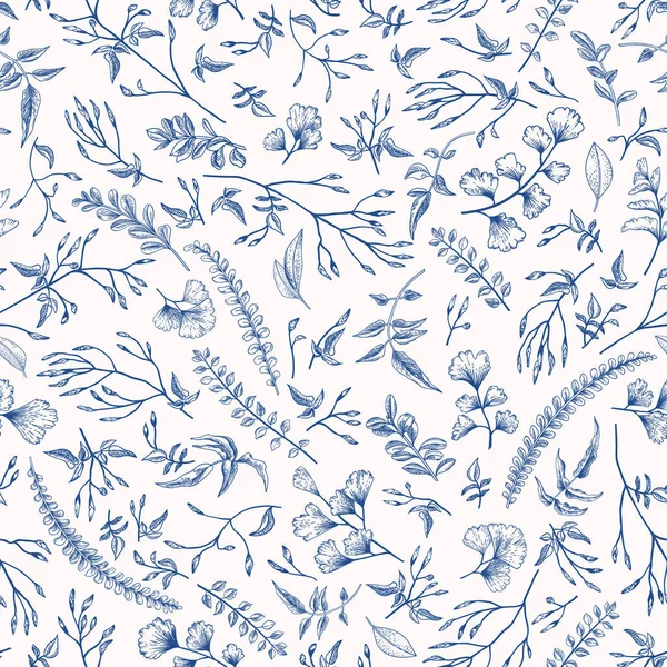 Seamless Floral Pattern Vintage Style Leaves Herbs Blue Botanical Illustration — Stock Vector