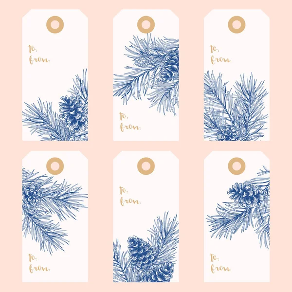 Christmas Gift Tags Pine Branches Cones Vector Illustration Vintage Style — Stock Vector