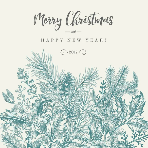 冬季背景 矢量边框与云杉分枝 在复古风格的问候圣诞卡 — 图库矢量图片