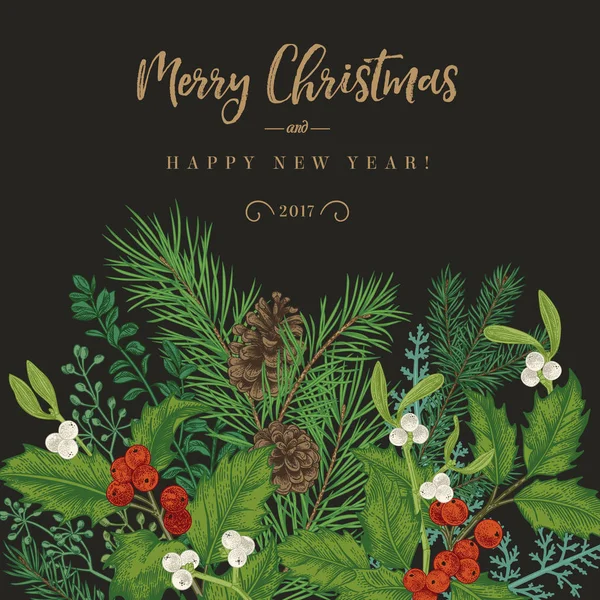 Winterhintergrund Vektoreinladung Mit Fichtenzweigen Beeren Stechpalme Mistel Grußkarte Weihnachten Vintage — Stockvektor