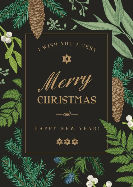Cartão Felicitações Natal Estilo Vintage Moldura Vetorial Com Samambaias Bagas — Vetor de Stock